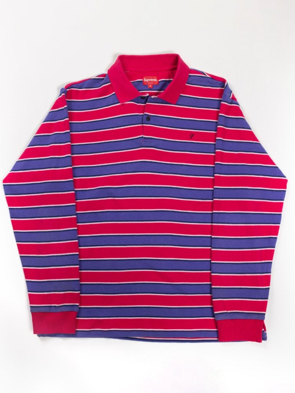 Supreme FW18 Striped Long Sleeve Polo Shirt Pink Purple Script Logo Mens Size M